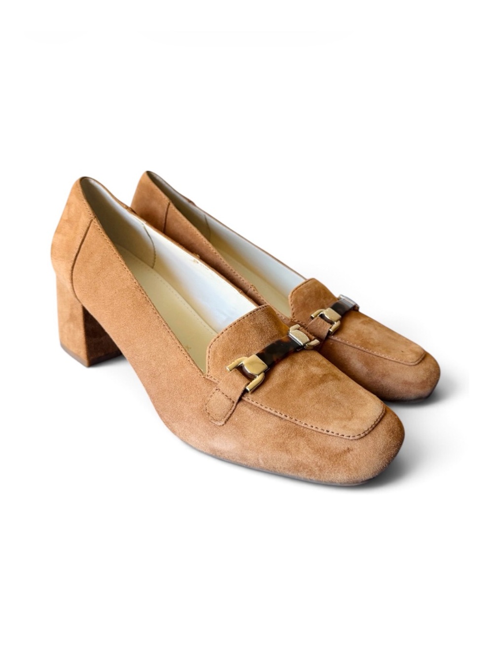 ★ Anne Klein Women’s Leather Upper Evera Loafer Suede Heel Shoes Dark Sand 7.5 ★
